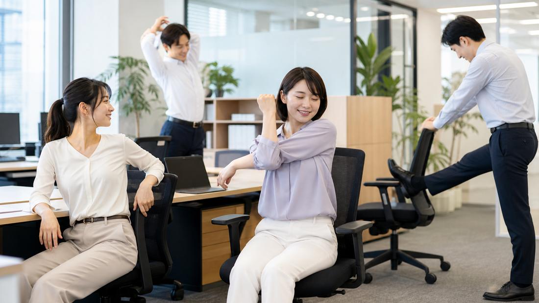 オフィスでストレッチをするビジネスパーソン