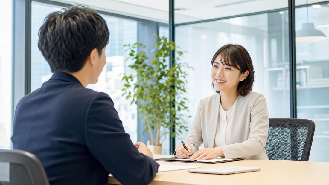 若手社員が和やかに話し合うオフィスの風景