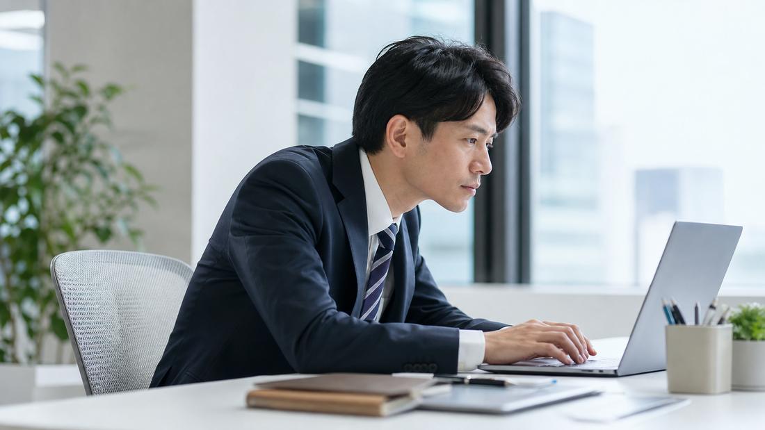 デスクワークで前かがみになり首を痛そうに押さえるビジネスパーソン