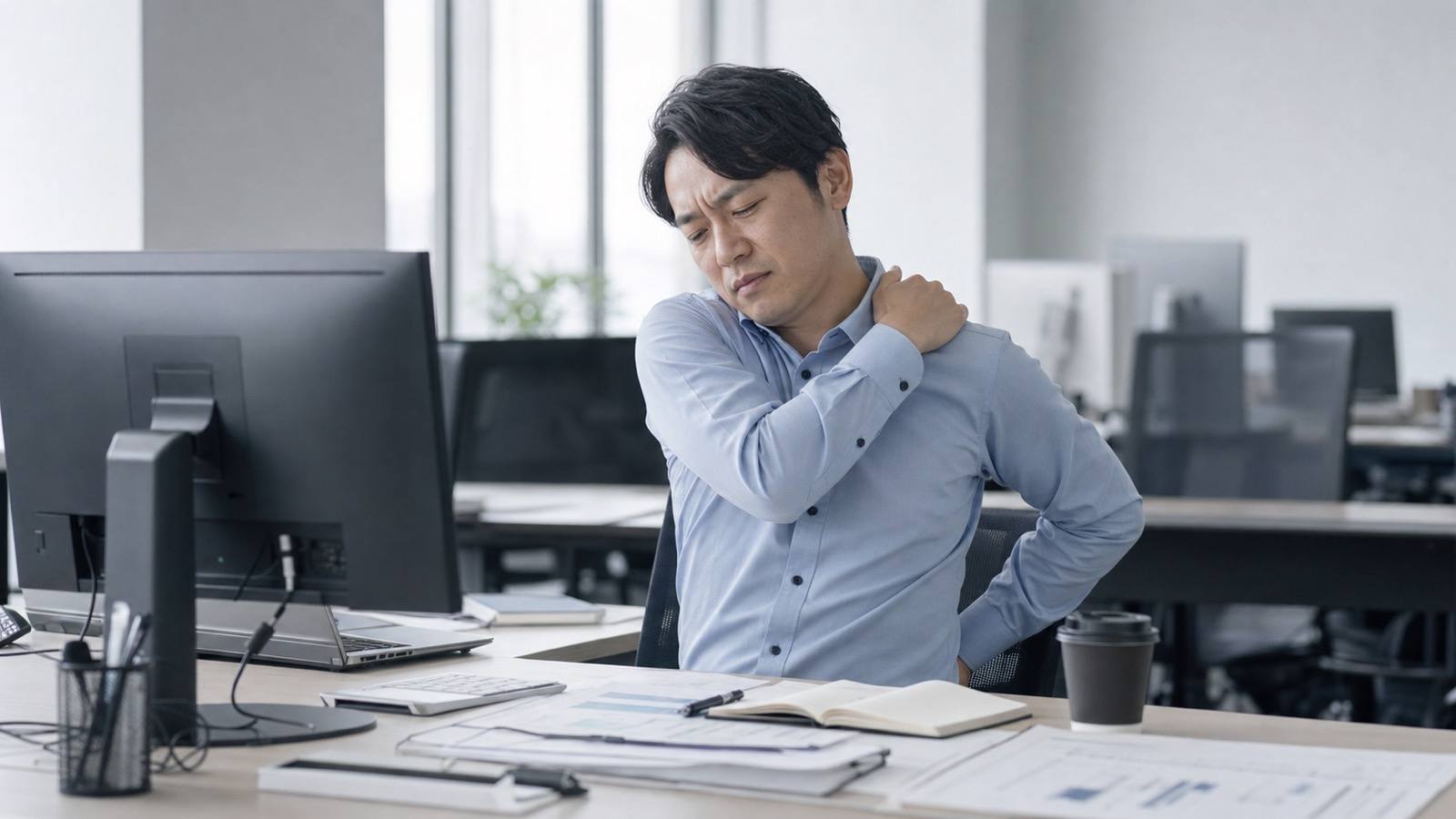 デスクで肩こりに悩むビジネスパーソン