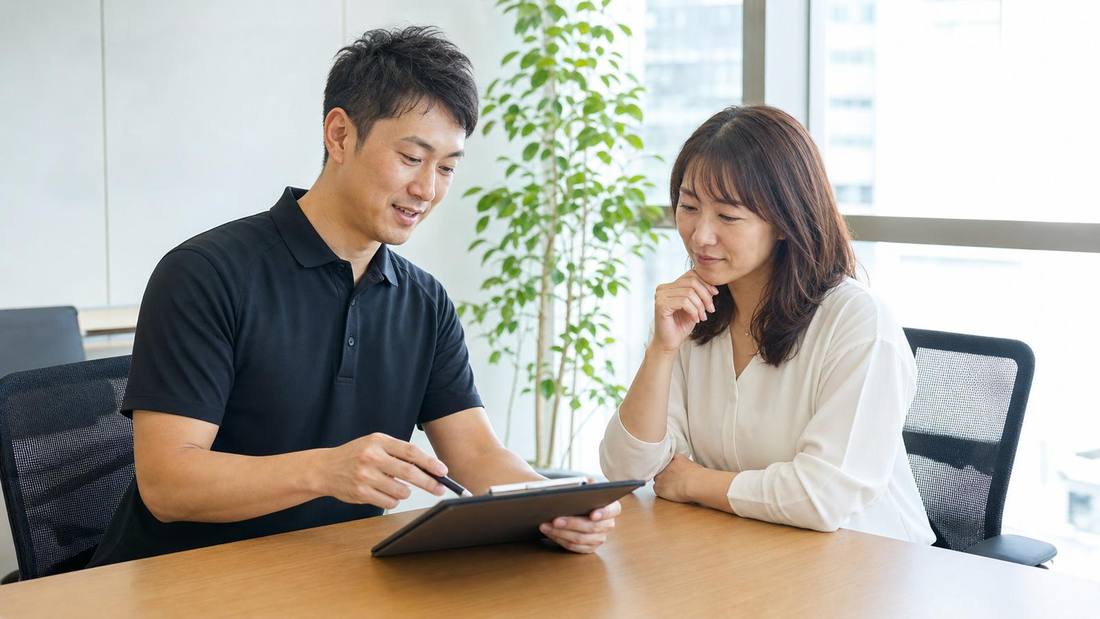 会議室で従業員アンケートを一緒に確認する整体師と社員
